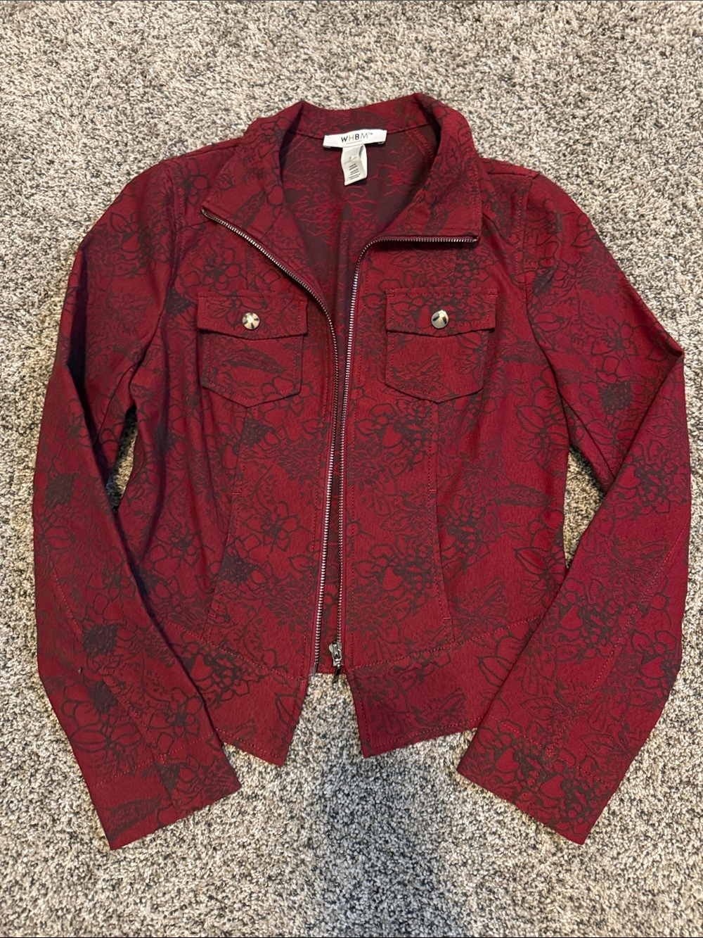 White House Black Market Burgundy Floral Zip-Front Jacket
